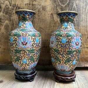 Pair of Chinese Style Cloisonne Brass Vases with Wooden Stands, 8 inches Tall